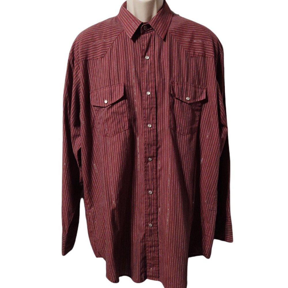 Vintage Wrangler Sz XL Maroon Striped Gold Metallic Thread Pearl Snap Shirt